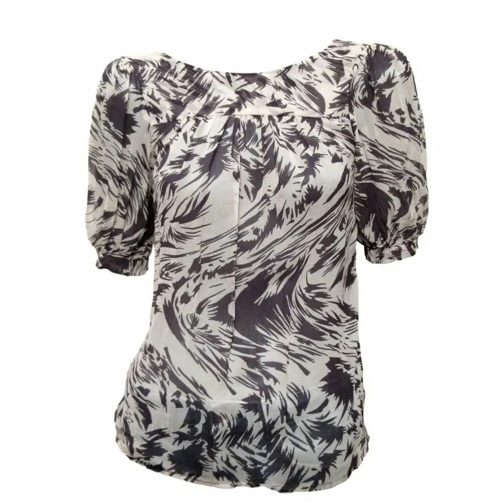 Twelfth Street Cynthia Vincent Womens Blouse Black Ivory Silk Short Sleeve Top 2